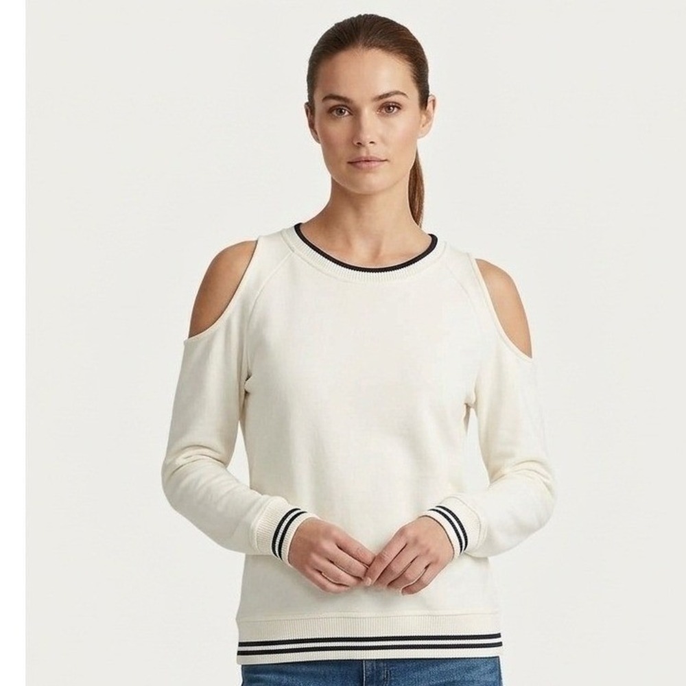 Lauren Ralph Lauren Cream Cold Shoulder Striped Trim Sweatshirt Top